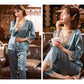 Women's Spring Autumn Long Sleeve Pajamas Set Luxury Ice Silk Sexy V Neck Lace Pyjamas Simulated Silk Sleeping Suit Silky Large Size Homewear Set