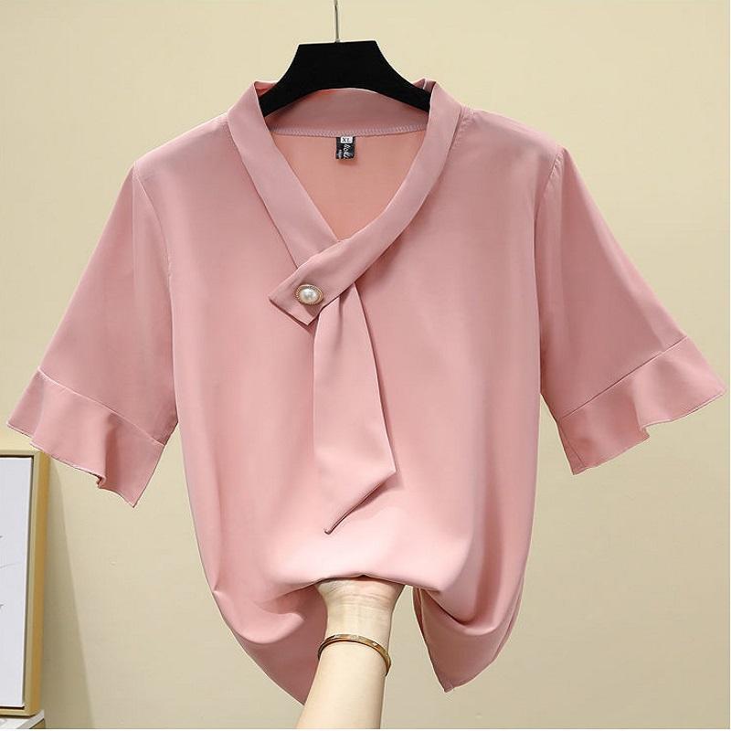 Summer Ladies Top Sleeve Shirt Chiffon Short Sleeve blouse V-neck Solid Color Breathable blouse