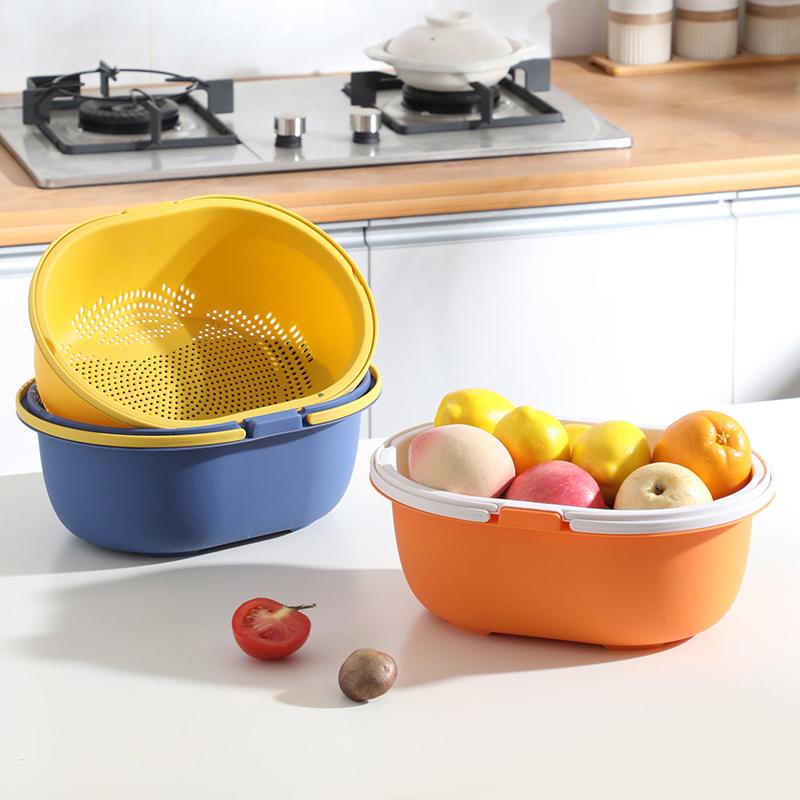 Plastic Double-layer Double-handle Washing Basket Drain Basket Kitchen Basket Household Multifunctional U-shaped Sink Fruit Basket