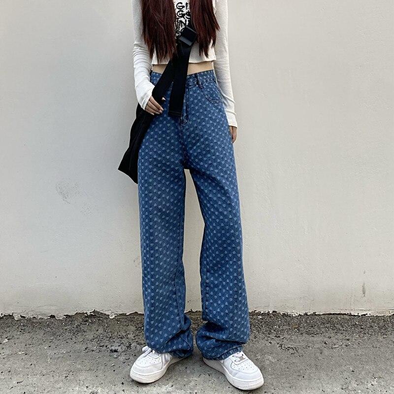 Retro Jacquard High Waist Wide Leg Pants Jeans For Women Loose Ins Style Staight Panton Female Long Trousers High Street Jeans
