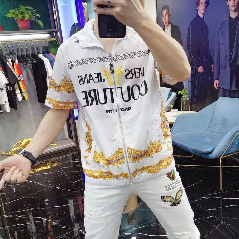 Summer European Thin Section Quick-drying Totem Light Luxury Printed Hooded Zipper Cardigan Shorts Suit Tide