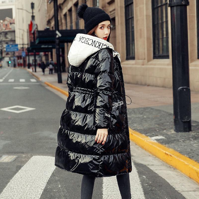Winter Down Jacket Shiny Korean Version of White Duck Down Thick Loose Mid-length Waist Slimming Hooded Fashion Jacket