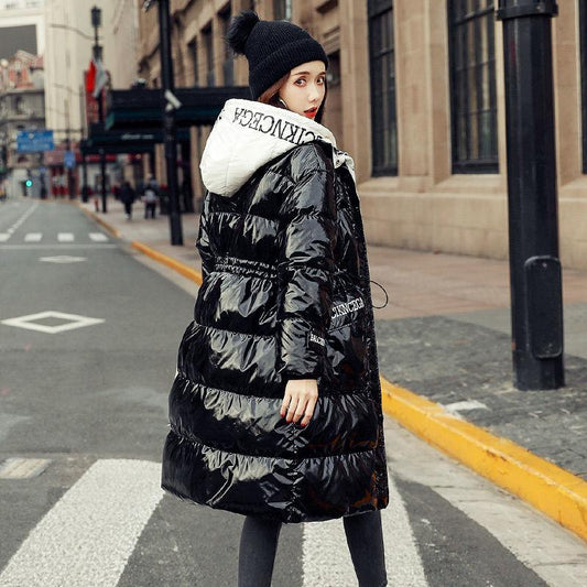 Winter Down Jacket Shiny Korean Version of White Duck Down Thick Loose Mid-length Waist Slimming Hooded Fashion Jacket