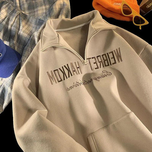 Women's High Street Polo Shirt Sweater Spring and Autumn Loose Ins Lazy Style Top Ladies Bf Thin Long Sleeve Big Pocket Pullover Coat