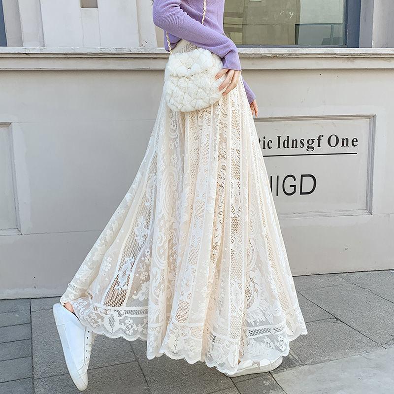 Women Lace Skirt Mid-length A-line Skirt Plus Size Summer Ruffled Elastic Waist Sandy Beach Vacation Daily