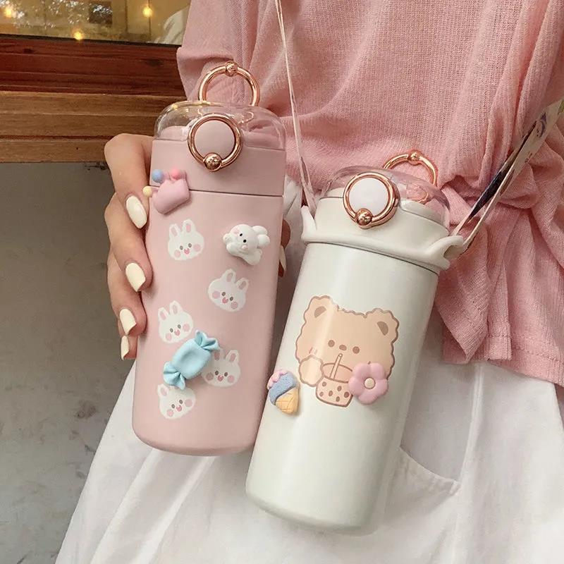 350/480ml Cartoons Stainless Steel Vacuum Flask Coffee Tea Milk Travel Straw Cup Cute Bear Water Bottle Insulated Thermos
