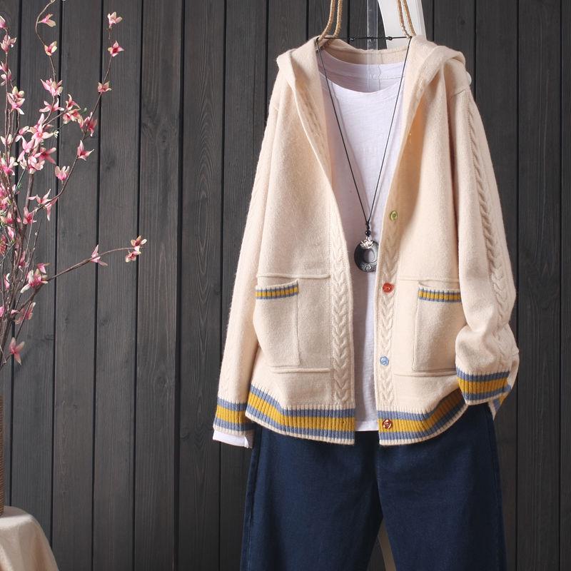 Women's Splicing Color Long-sleeved Sweater Early Autumn Hooded Knitted Cardigan Loose Button V-neck Top All-match