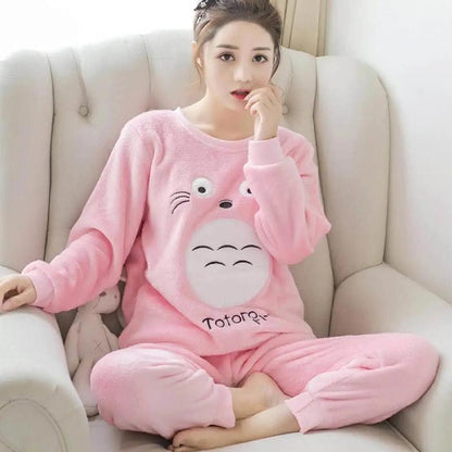 Women's Coral Fleece Pajamas Set Thickened Warm Cute Cartoon Long-sleeves Flannel House Wear Suit Comfortable Loose Sleepwear