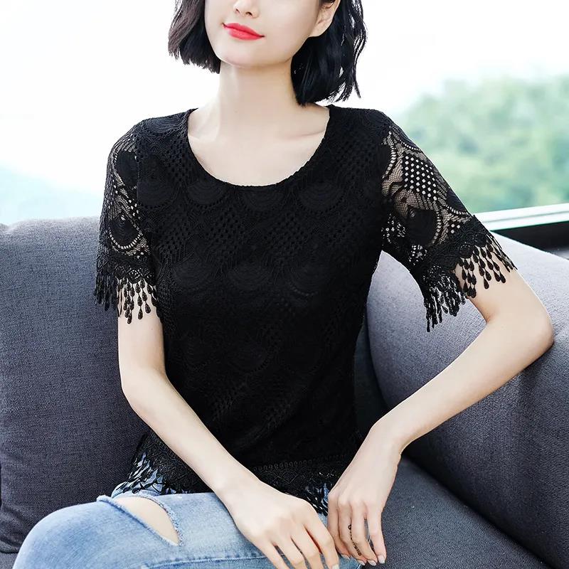 Summer Women's Loose Lace Round Neck Short Sleeve Large Size All-match Top