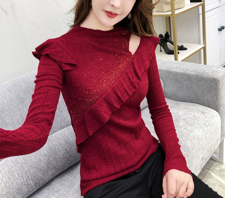 Women's Solid Color Lace Bottoming Shirt Fashion Off-the-shoulder Mesh Low Neck Bottoming Shirt Sexy Thin Knitwear