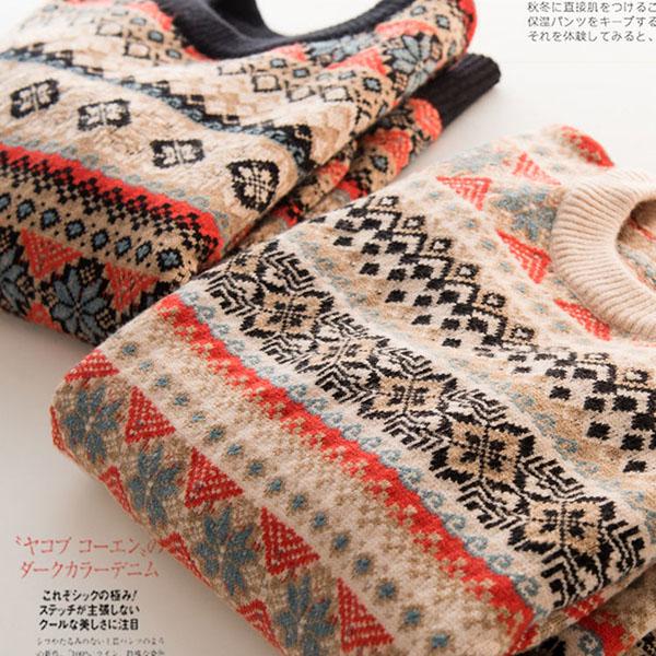 Round Neck Vintage Jacquard Woollen Sweater Women  Loose Outer Wear/bottoming  Knitted Pullover Top