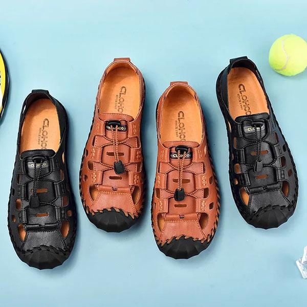 Men's Genuine Cowhide Leather Toe Sandals Outdoor Casual Sandals Beach Shoes Hole Sandals Roman Shoes Waterproof Sport Sandals