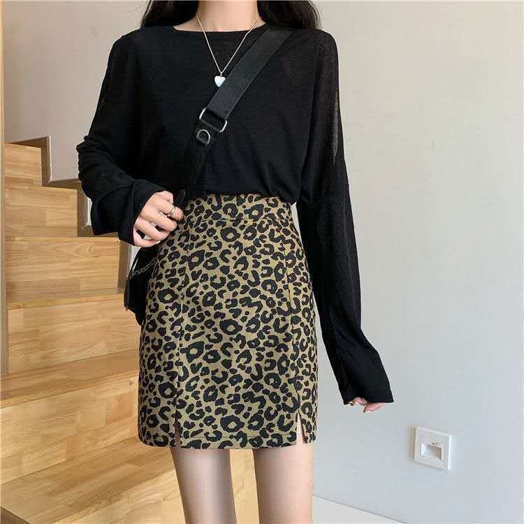 Spring AndSummer New Ins TemperamenRretro Leopard Print Half-length Skirt High-waisted A-line Thin Bag Hip Skirt Female
