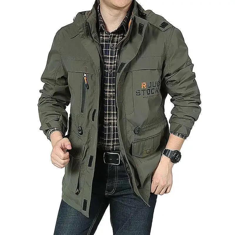 Autumn and Winter Thickened Jacket Men's Outdoor Leisure Multi-pocket Mid-length Jacket Large Size Waterproof Men's Jacket