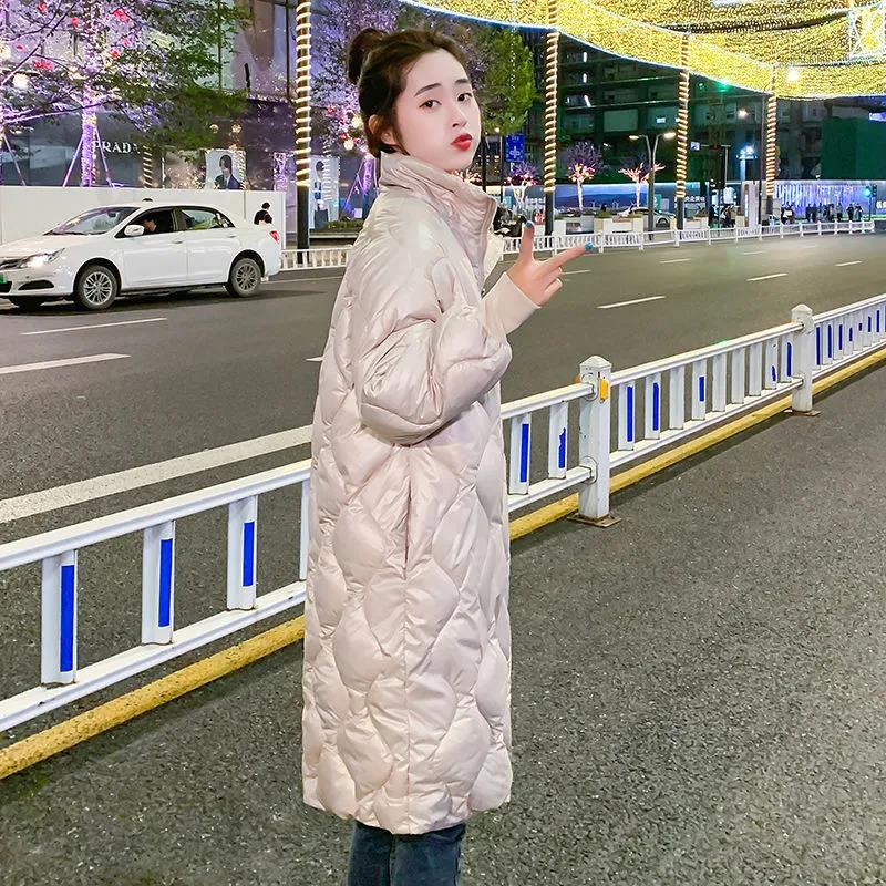 Women's Mid-length Cotton-padded Jacket with Stand-up Collar Korean Style Shiny Cotton Jacket