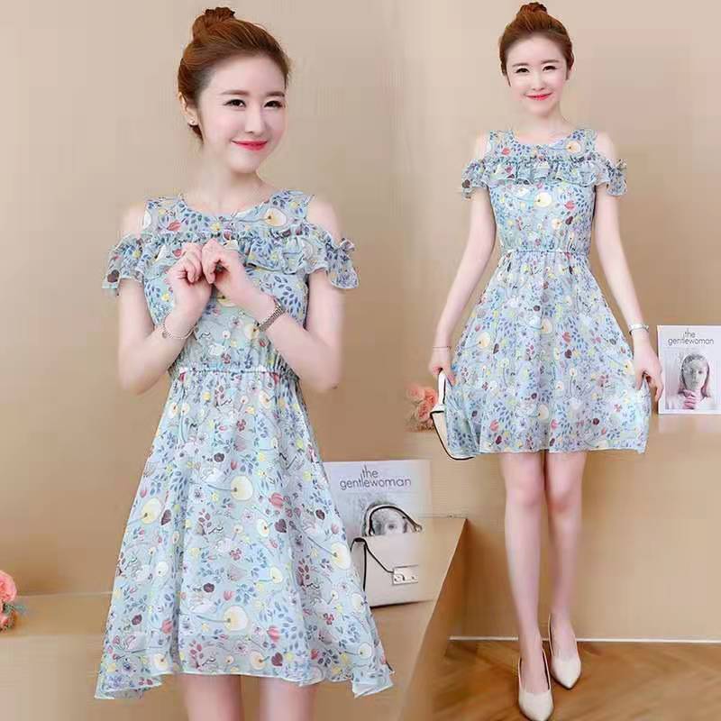 Chiffon Dress Women's Waist Slimming Strapless Skirt One-shoulder Floral Skirt A-line Dress Floral Short Skirt Fabric Lightweight and Breathable