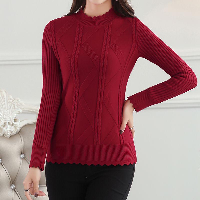 Slim-fit Knitted Women's Sweater Autumn and Winter Plus Velvet Thick Solid Color Half High Neck Long Sleeve Inner Sleeve Bottoming Shirt