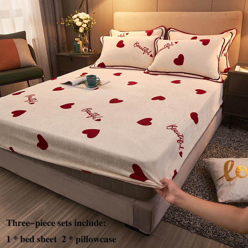Warm Coral Velvet Bed Three-piece Bed Cover All-inclusive Printing Protective Cover Home Double Bed Set