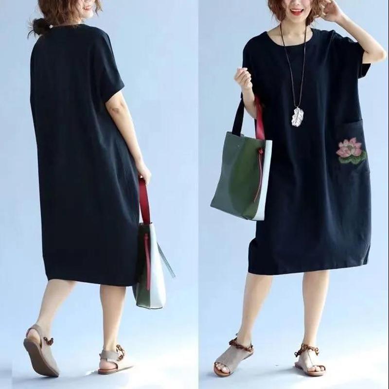 Lotus Pattern Summer Short Sleeved Mid-calf Length Large Size Loose Casual Solid Color Dress M-XXXL Size