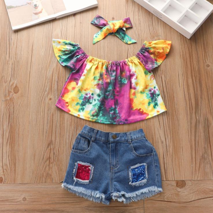 Summer Girls' Hole Shorts One Shoulder Top Denim Shorts Set Three Piece Children's Denim Sequins Shorts Suit