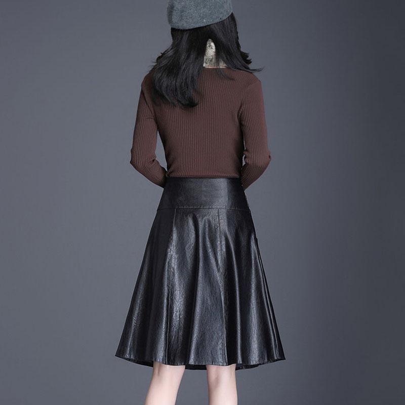 Black Ladies PU Leather Skirts Women Casual High Waist Zipper Solid Female Knee-length  A-Line Skirt with Pocket