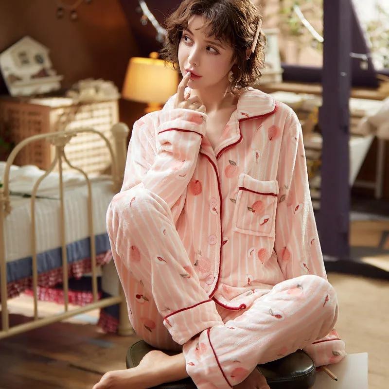 Coral Fleece Pajamas Women's Flannel Pyjamas Plus Size Velvet Thick Sleepwear Autumn Winter Warm Home Wear Suits Tops Pants Sets Long Sleeve Outwear