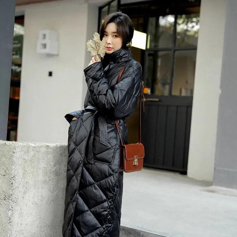 Casual Loose Argyle Hooded Parkas Women Fashion Solid Thick Long Coats Women Elegant Tie Belt Cotton Jackets Female Ladies
