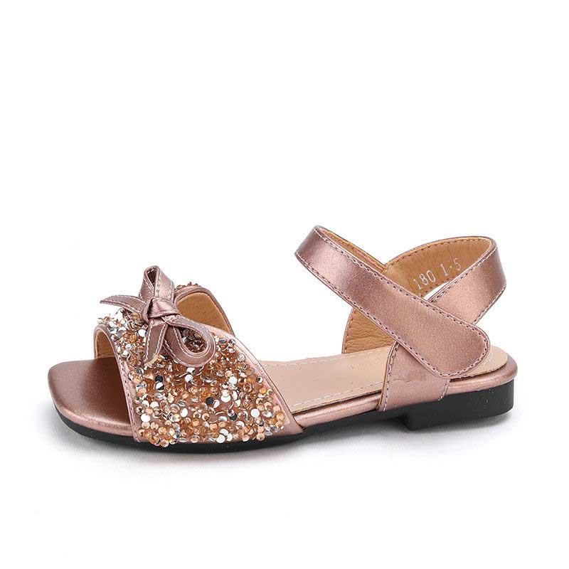 Summer Girls Flat Sandals Flash Children Girls High Heels Bow Leather Shoes Kids Princess Dance Shoes Princess Non-slip Crystal Sandals Size 26-36