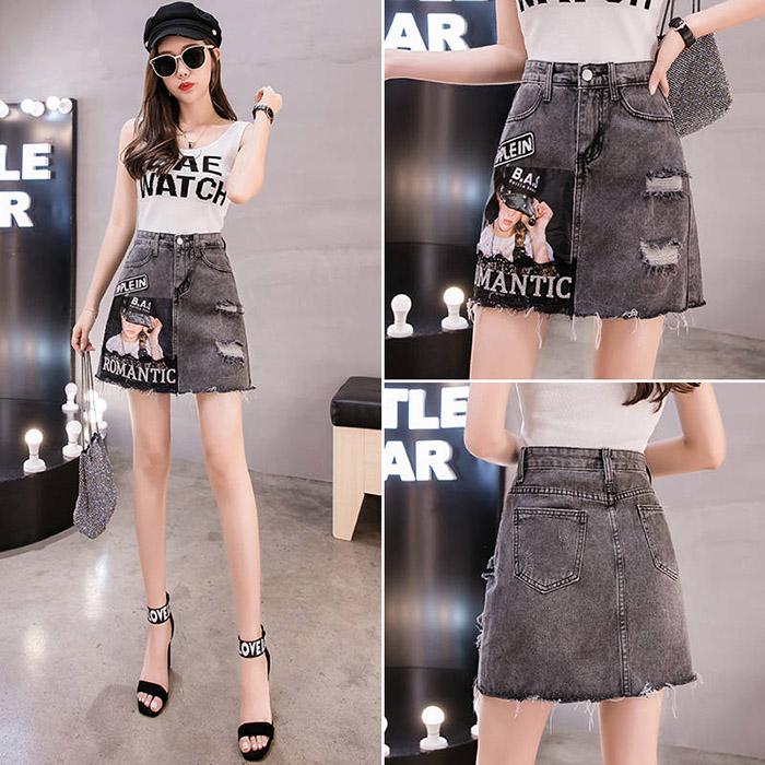 Women Anti-light Printed Diamond Denim Skirt High Waist Thin Sexy A-line Package Hip Skirt