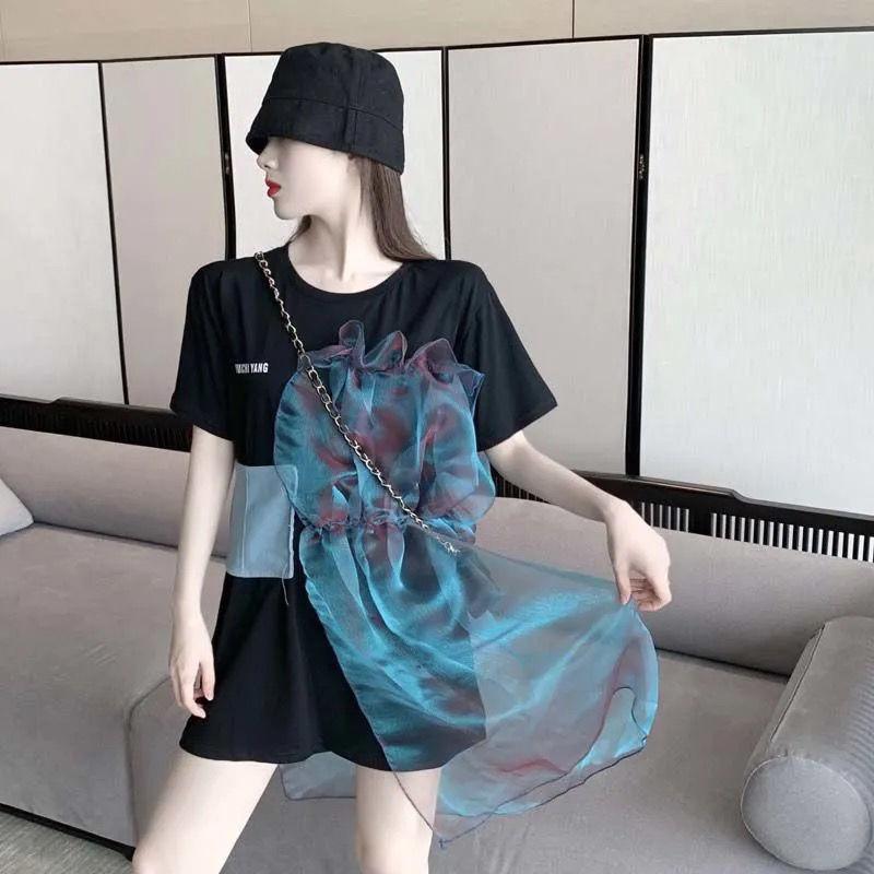 Design Sense Summer Organza Fold Irregular Denim Mesh Stitching Cotton Short-sleeved T-shirt Women