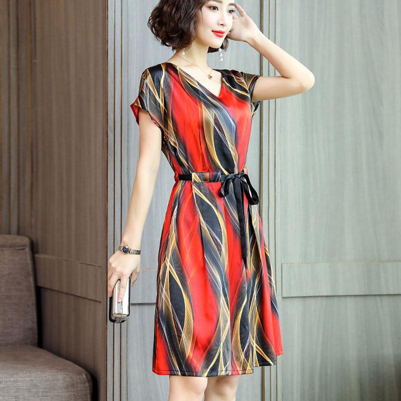 Imitation Silk Dress Female Mid-length Short-sleeved Summer New Style Small Striped Imitation Mulberry Silk Printed Skirt