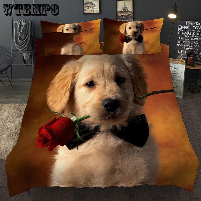 Fashion Cute 3D Cartoon Rose Dog Pattern Duvet Cover Set Bedclothes Pillow Cases Bedding Set