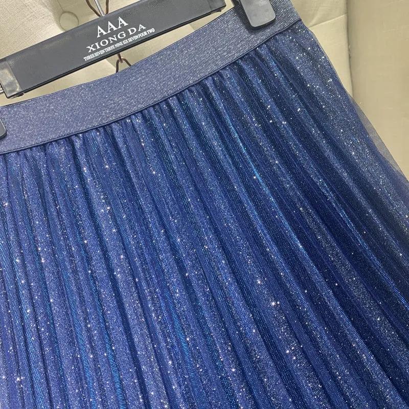 Spring Gradient Mesh Sequin Pleated Skirt Women's Mid-Length A-Line High Waist Skirt Starry Blue Sparkling Mesh Tutu Skirt