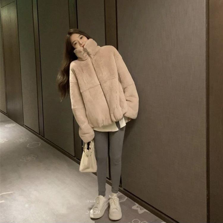 Fashion Western Style Fur Coat Female Tide Ins Winter Imitation Rex Rabbit Fur Korean Style Loose Stand-up Collar Women's Short Coat