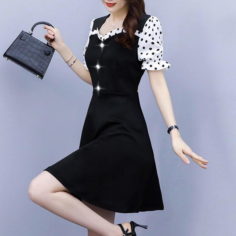 Women's High-elastic Short-sleeved Summer Fake Two-piece Waist Large Size Temperament Dress