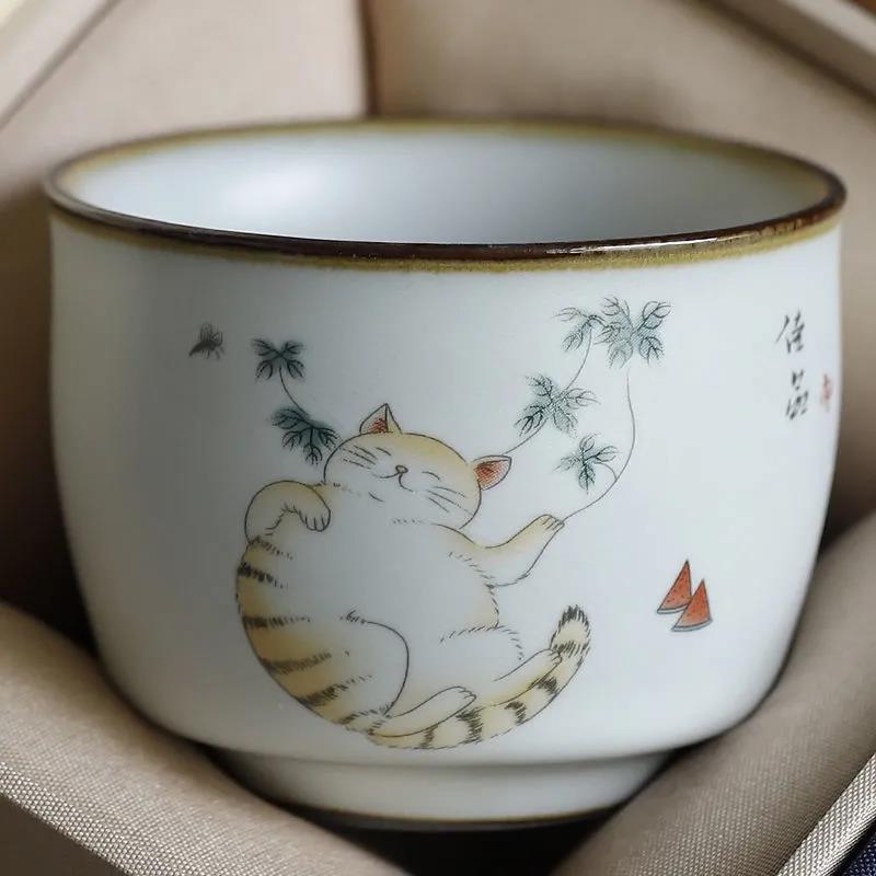 Ru Kiln Cute Cat Cup Owner Cup Single Cup Tea Cup Can Raise Kung Fu Tea Bowl Tea Set Tea Cup Size Tea Cup Home