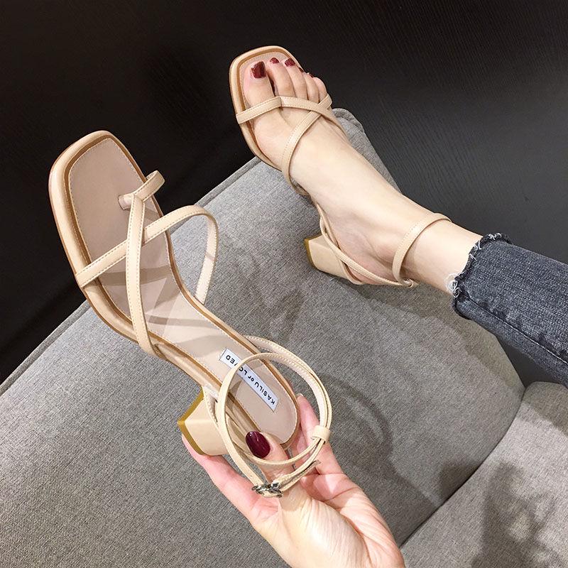 Sandals Female 2020 Fairy Little Fragrance High-heeled Summer Gentle Thick with Middle Heel with Clip Toes