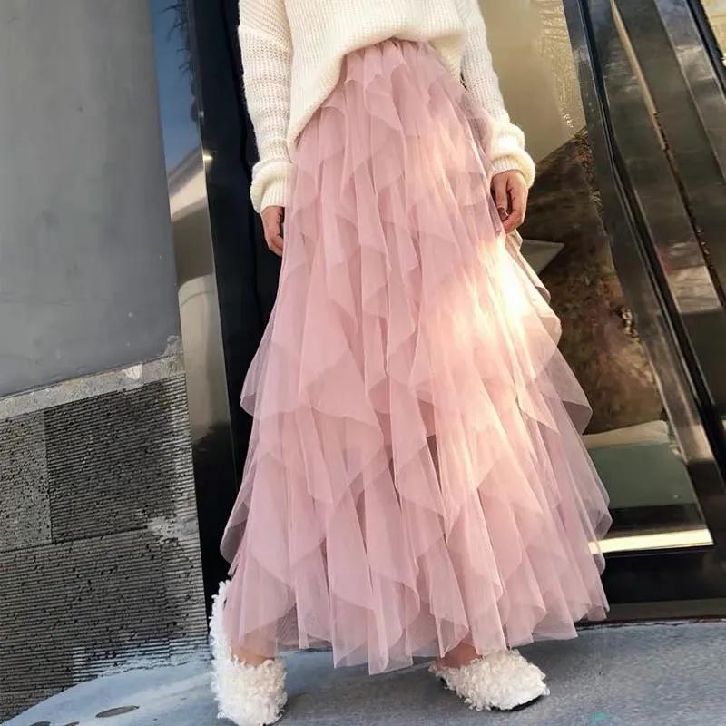 Spring Summer Sweet Cake Mesh Skirt Women's A-line Pleated Skirt Irregular Long Skirt Solid Color Fluffy Gauze Skirt Mid-length