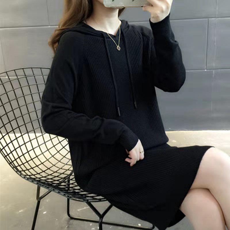 Pofulove Sweater Long Coat Loose Tight Over The Knee Clothing Hooded Sweater Skirt Fashion Elegant