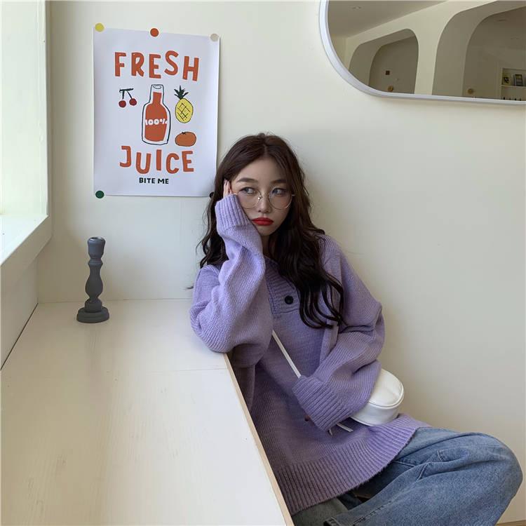 Pofulove Sweater Female Students  Loose Long-sleeved Knitted Winter New Candy-colored Hooded