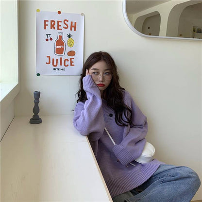 Pofulove Sweater Female Students  Loose Long-sleeved Knitted Winter New Candy-colored Hooded