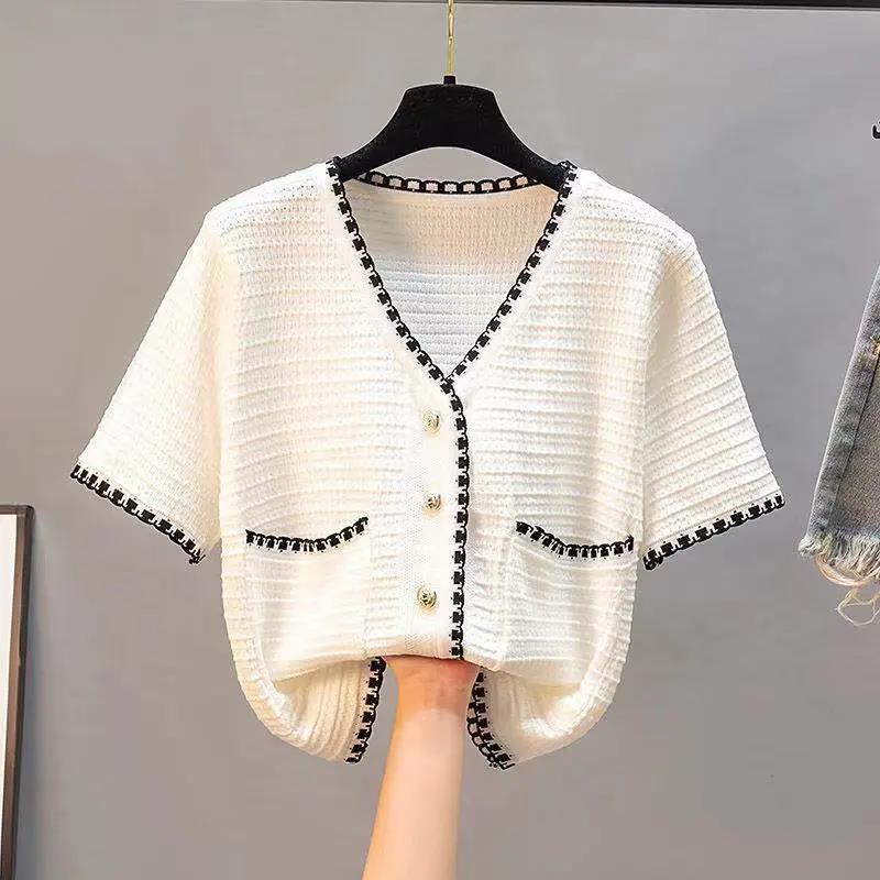 Women Spring and Summer Vintage Cardigan Elegant V-neck Single Wear Base Short Sleeve White and Black T-shirt
