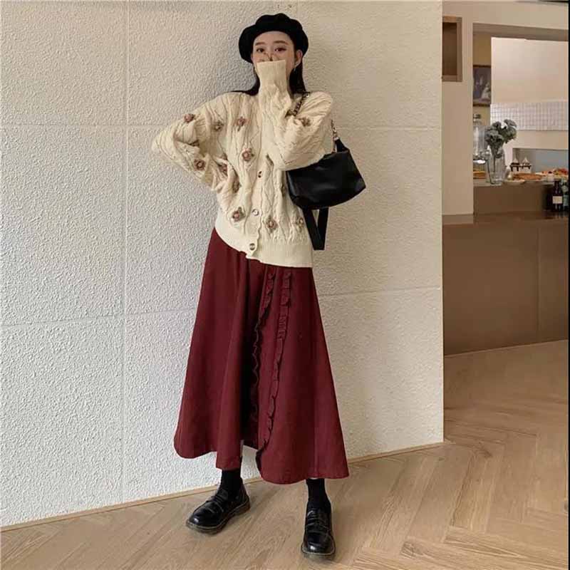 Wine Red Corduroy Tutu Skirt with Fungus, Autumn and Winter Style All-match Western Style Skirt Women's Mid-length Skirt