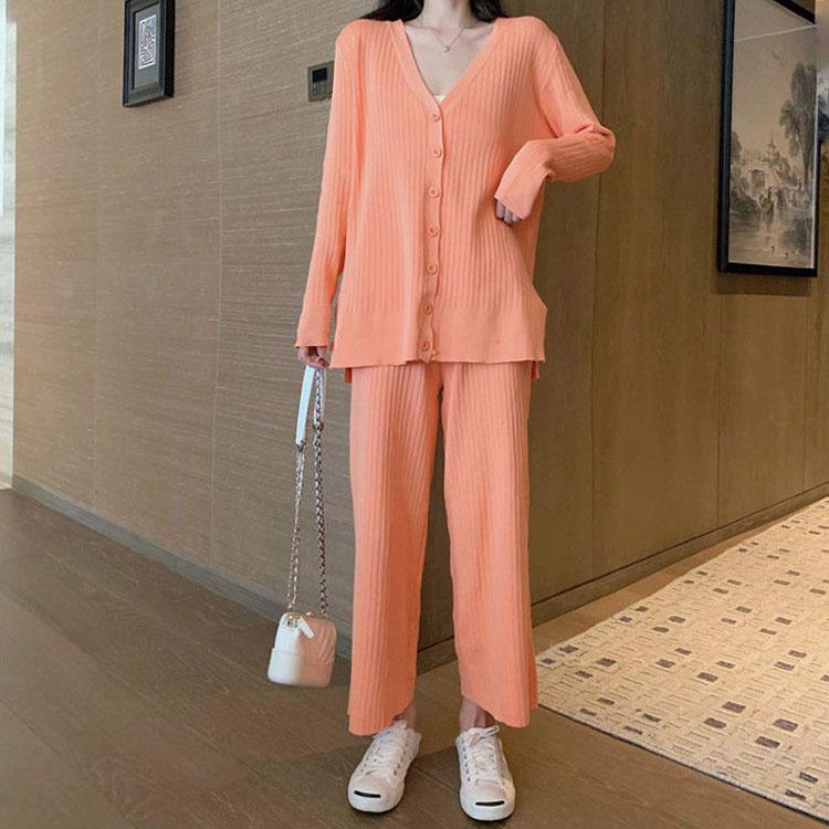 2PCS Women's Solid Color Suit Autumn and Winter Knitted V-neck Cardigan Jacket + Casual Straight Wide Leg Pants Two-piece Suit Loose Casual Sets