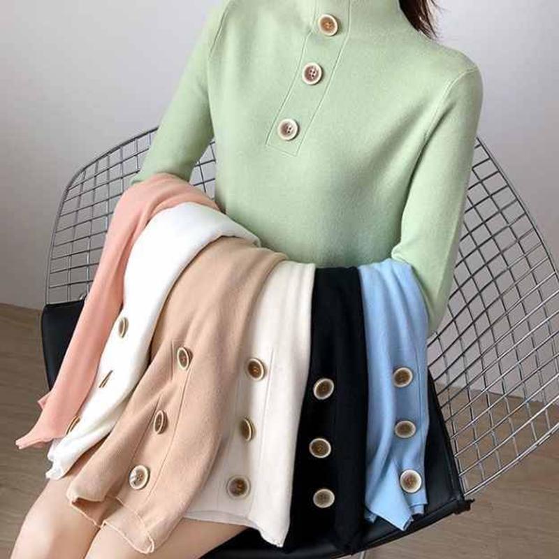 Women's  Button Turtleneck pullover  long sleeve slim bottoming Knit sweater jumpers top winter
