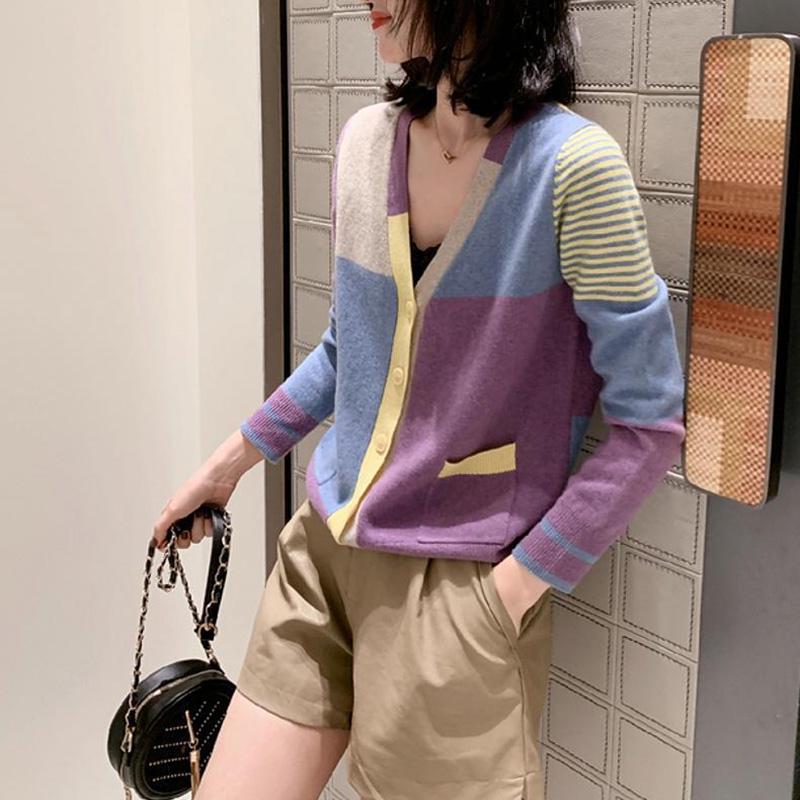 Color-block Knit Sweater Long-sleeved Loose V-neck Sweater Cardigan Jacket Female Spring and Autumn Korean Version of All-match Thin Top