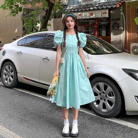 Women's Summer Puff Sleeve Dress Solid Color Slim Square Collar Long Dress