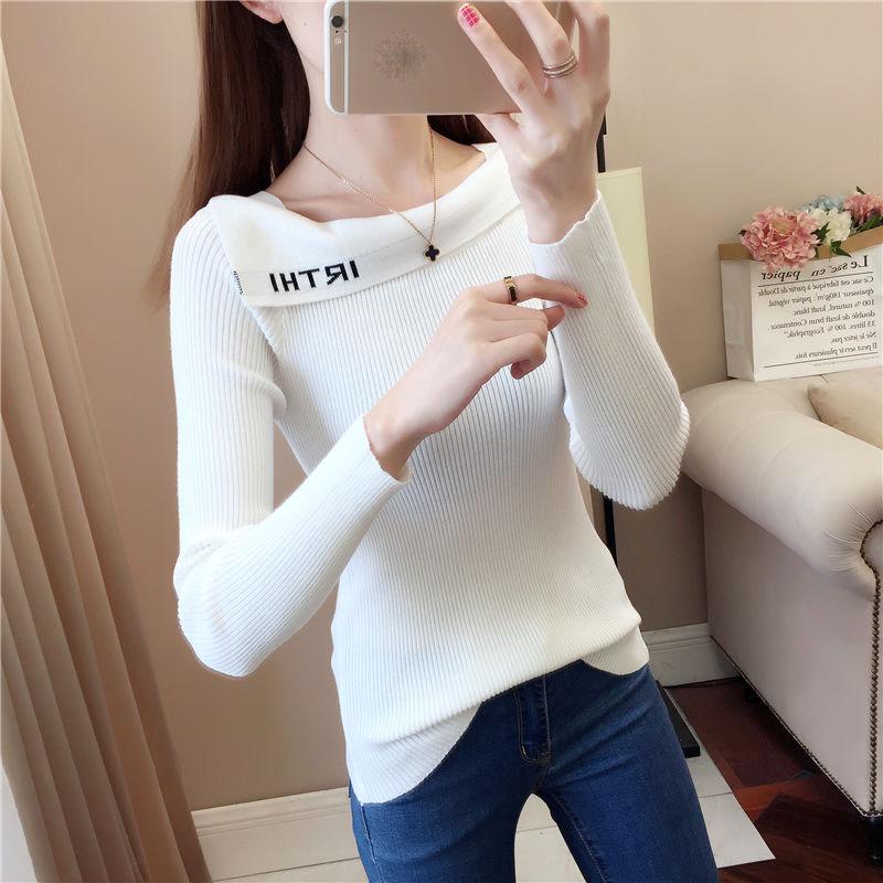 Autumn Winter Women's Boat Neck  Sweater Korean Style All-mach Striped Sweater Slim Long-sleeve Bottoming Top