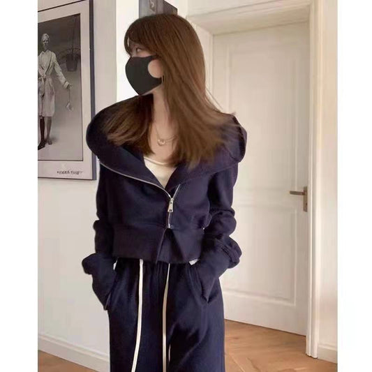 Women's Sports Suit Autumn Retro Royal Sister Fried Street Temperament Sweater Casual Suit Hooded Cardigan Sweater Jogging Trousers Two-piece Set