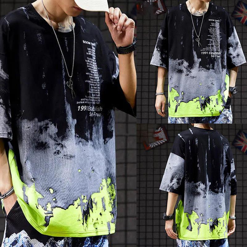 Hip Hop T-shirts Chinese Trendy High Street Tie Dye Tees Summer Oversized O-neck Short Sleeve Casual Pullover Men Shirts